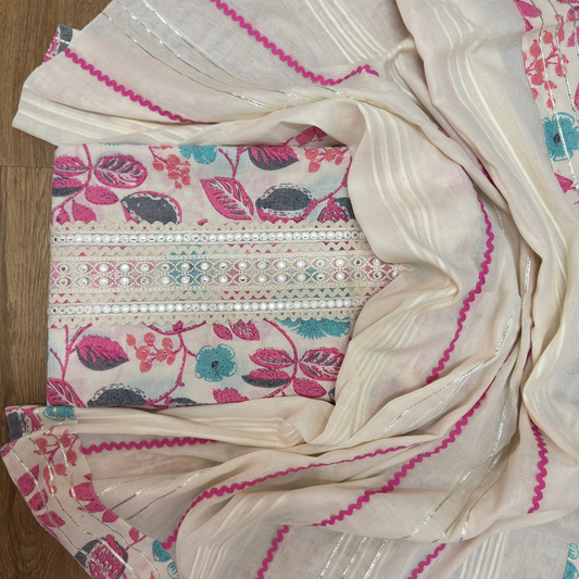Floral Cotton Suit Set with Embellished Neckline & Organza Dupatta