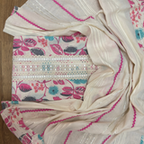 Floral Cotton Suit Set with Embellished Neckline & Organza Dupatta