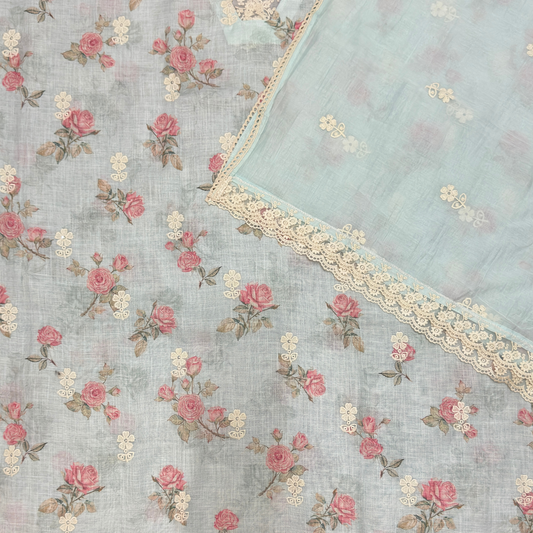 Pastel Blue Linen Jute Cotton Suit Set with Embroidered Dupatta