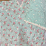 Light Green Linen Jute Cotton Suit Set with Embroidered Dupatta