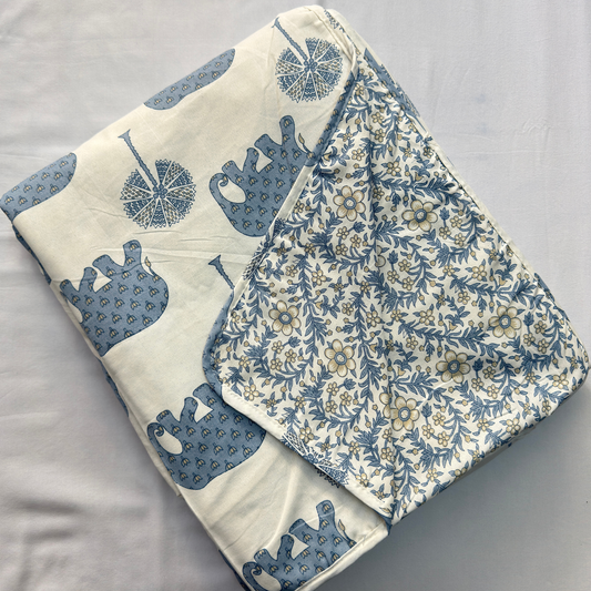 Reversible Cotton Double Bed Dohar- Sky Blue Elephant