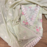 Pastel Mint Linen Jute Cotton Suit Set with Embroidered Dupatta