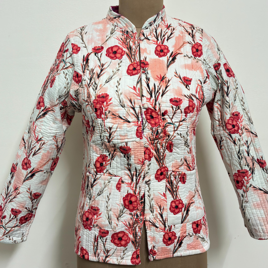 Reversible Jaipuri Cotton Quilted Jackets (Full Sleeves)—Off White with peach orange floral print and Pink