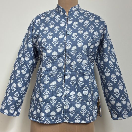 Reversible Jaipuri Cotton Quilted Jackets (Full Sleeves)—Muted Blue with Yellow