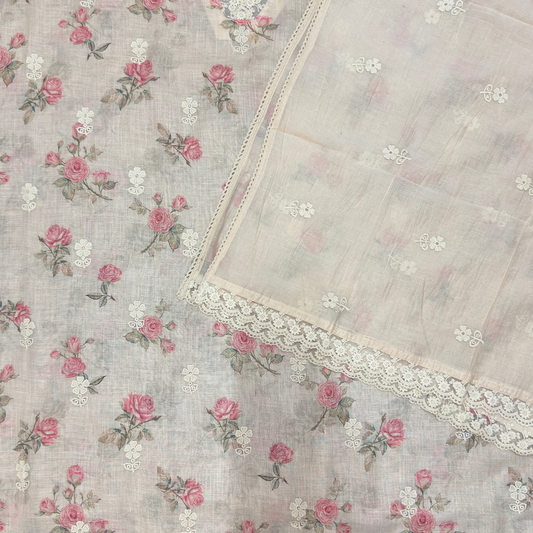 Peach Linen Jute Cotton Suit Set with Embroidered Dupatta