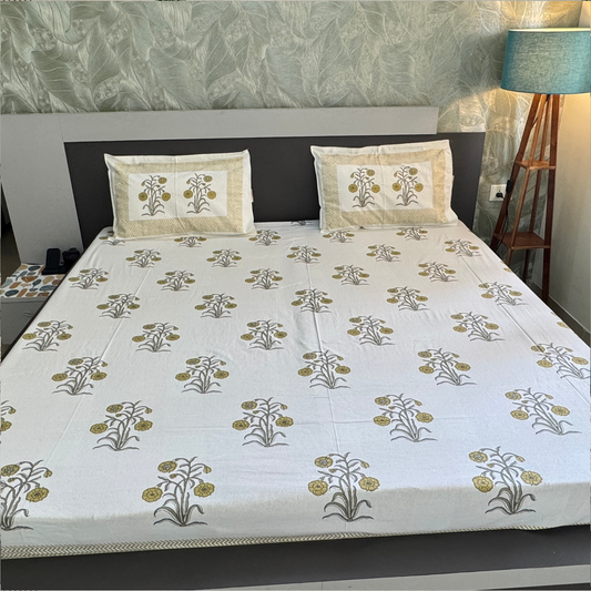 Elegant White- Deep Green Bedsheet Set- Super King size