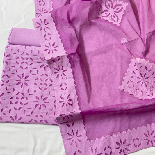 3 pcs Cotton Applique Suit Set 1 - Lavender
