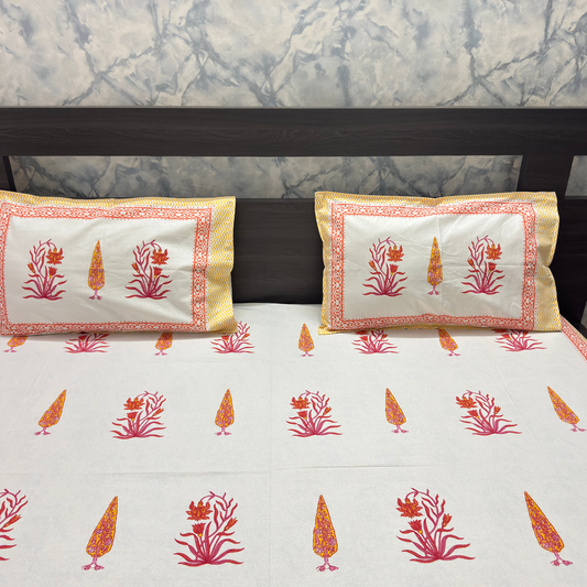 Elegant White-Orange Mustard Printed Bedsheet Set- King size White and Orange Mustard