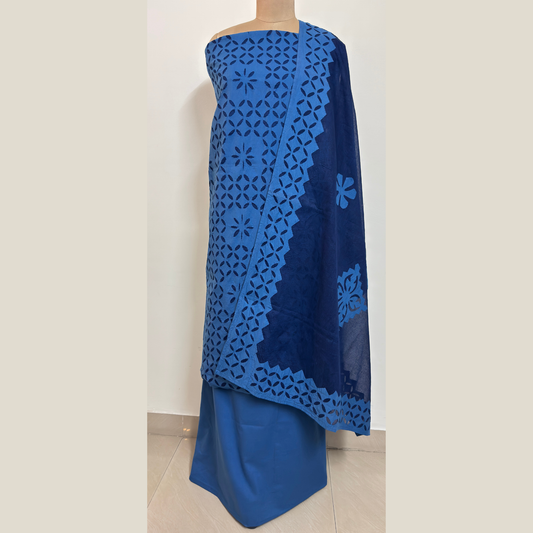 3 Pcs Cotton Applique Suit Set - Indigo Blue2