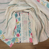 Floral Cotton Suit Set with Embellished Neckline & Organza Dupatta