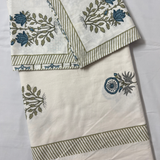 Elegant Ivory-Blue Green Bedsheet Set- Super King size Ivory, Blue & Green
