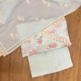 Pastel Blue Linen Jute Cotton Suit Set with Embroidered Dupatta