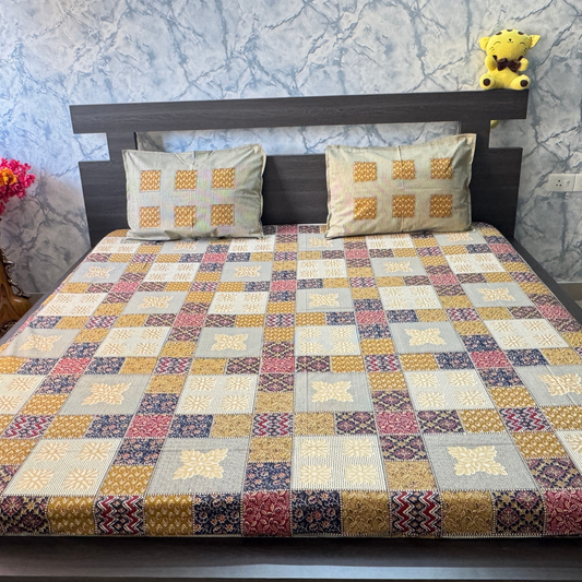 Bagru Gold Super King Size Bedsheet - Multicolour (Mustard)