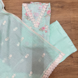 Light Green Linen Jute Cotton Suit Set with Embroidered Dupatta