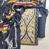 Deep Grey Batik Print Suit with Yoke Patchwork