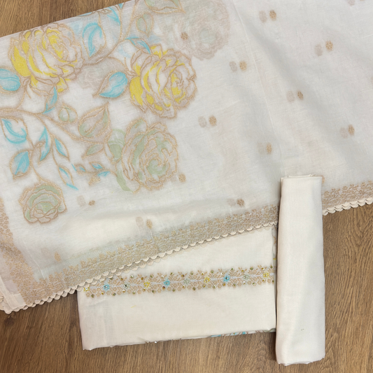 Ivory Pure Cotton Jamdani Suit Set with Embroidered Dupatta
