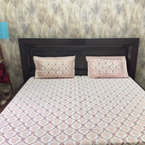 Elegant Peach White Printed Bedsheet Set- King size White and Peach