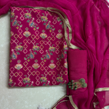 Rani Pink Georgette Suit Set with Zari Weaving