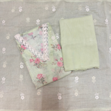Pastel Mint Linen Jute Cotton Suit Set with Embroidered Dupatta