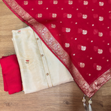 Ivory Floral & Peacock Border Suit with Banarasi
