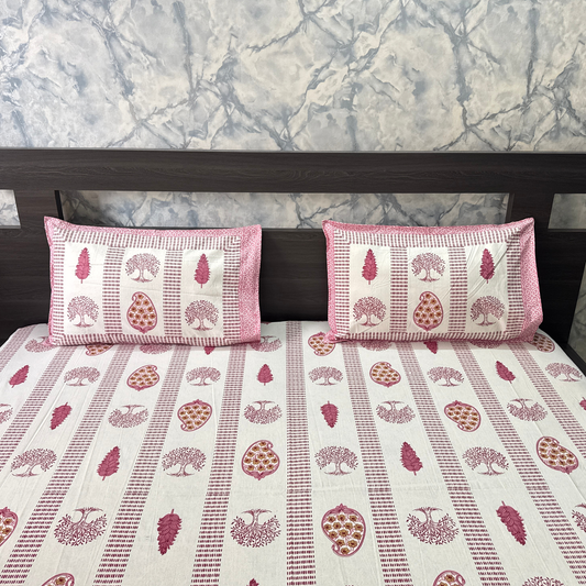 Elegant Ivory-Pink Printed Bedsheet Set- Super King size Ivory, Pink