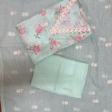 Light Green Linen Jute Cotton Suit Set with Embroidered Dupatta