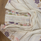 Floral Cotton Suit Set with Embellished Neckline & Organza Dupatta