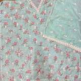 Light Green Linen Jute Cotton Suit Set with Embroidered Dupatta