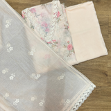Peach Linen Jute Cotton Suit Set with Embroidered Dupatta