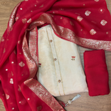 Ivory Floral & Peacock Border Suit with Banarasi