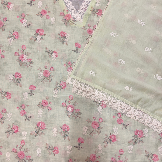 Pastel Mint Linen Jute Cotton Suit Set with Embroidered Dupatta