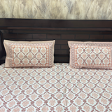 Elegant Peach White Printed Bedsheet Set- King size White and Peach