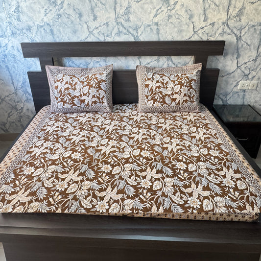 Premium Floral Double Bed Bedsheet with 2 Pillow Covers: Leaf and flower jaal print Brown