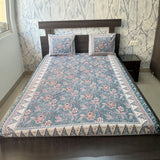Premium Floral Double Bed Bedsheet with 2 Pillow Covers: Floral print Teal Blue