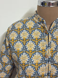 Reversible Jaipuri Cotton Quilted Jackets (Full Sleeves)—Muted Blue with Yellow