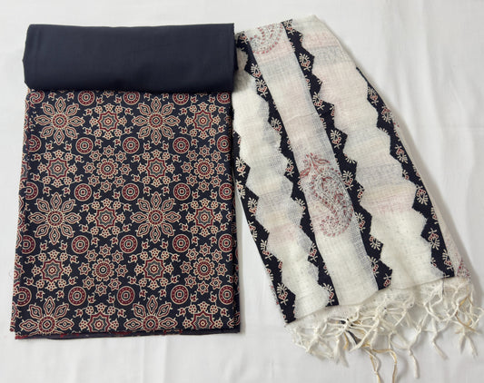 Ajrakh Flower Print 3Pc Cotton Suit with kota Doria Dupatta 1- Black