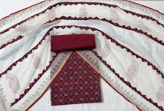 Ajrakh Flower Print 3Pc Cotton Suit with kota Doria Dupatta 1- Maroon