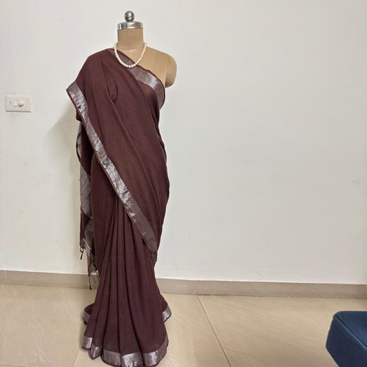 Chocolate Brown Cotton Linen Saree with Silver Zari Border