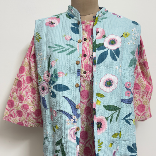 Reversible Jaipuri Cotton Quilted Jackets (Without Sleeves) Indigo and Aqua Blue