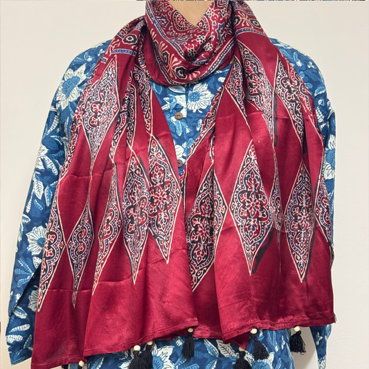 Modal Silk Blend Printed Stole – Deep Red