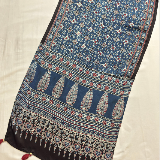 Modal Silk Blend Printed Stole – Indigo Blue
