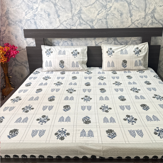 Elegant Ivory-Indigo Printed Bedsheet Set- Super King size Ivory, Indigo & Charcoal