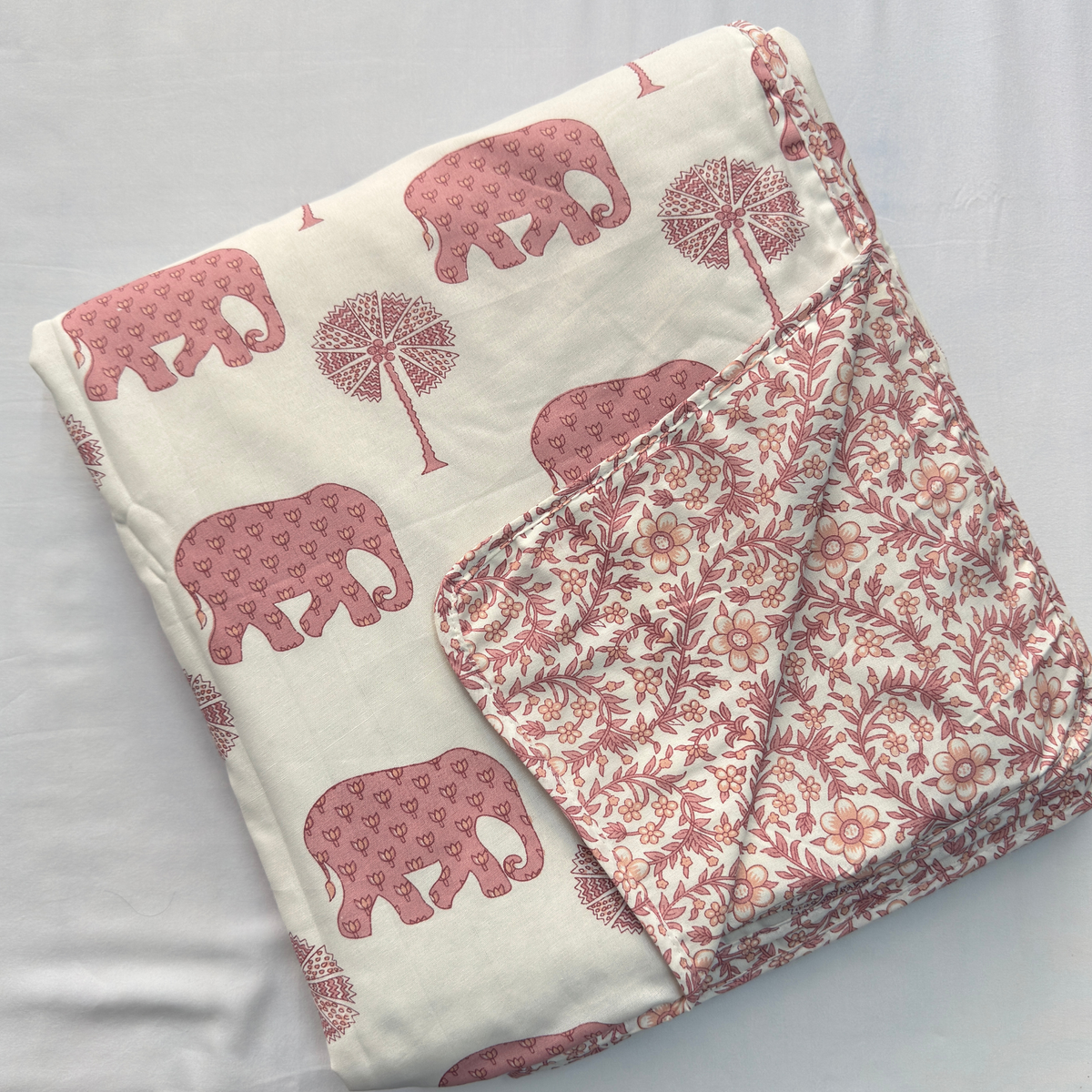 Reversible Cotton Double Bed Dohar- Light Brown Elephant