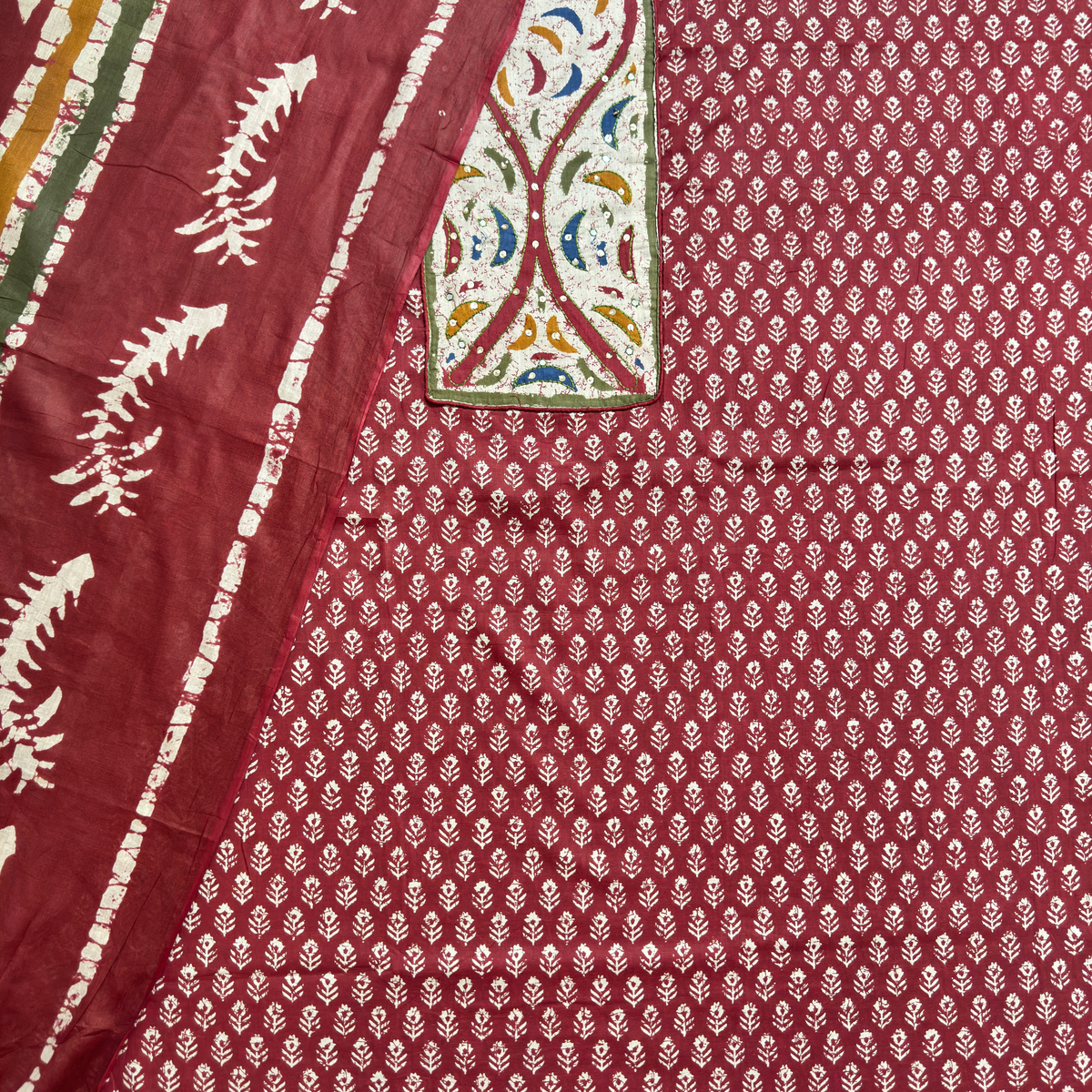 Rust Batik Print Suit with Yoke Patchwork