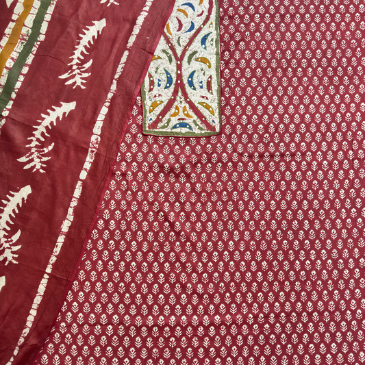 Rust Batik Print Suit with Yoke Patchwork