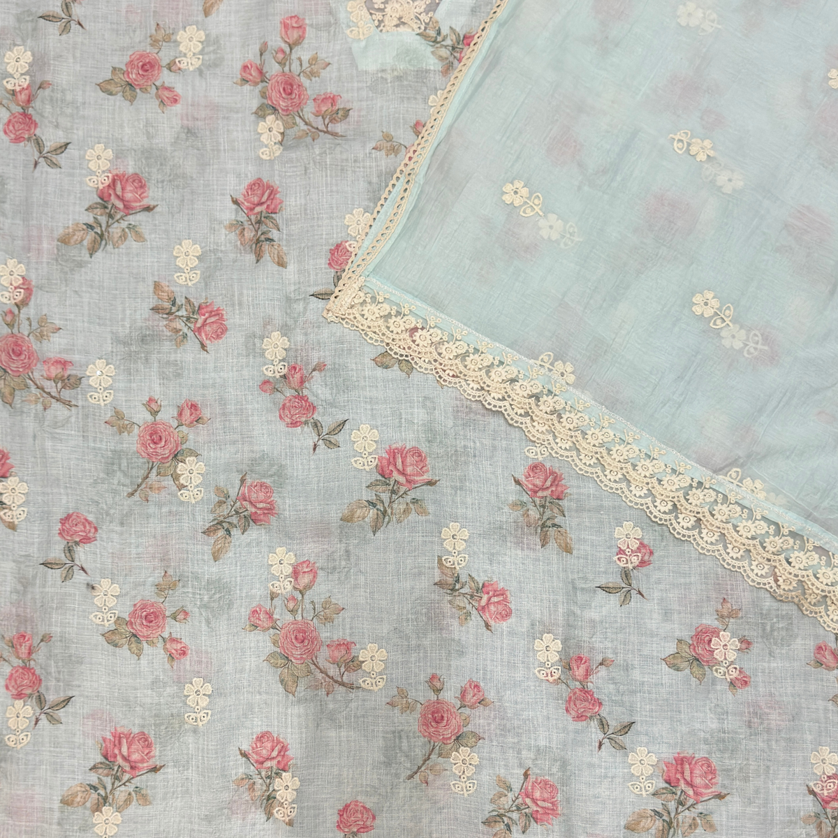 Pastel Blue Linen Jute Cotton Suit Set with Embroidered Dupatta