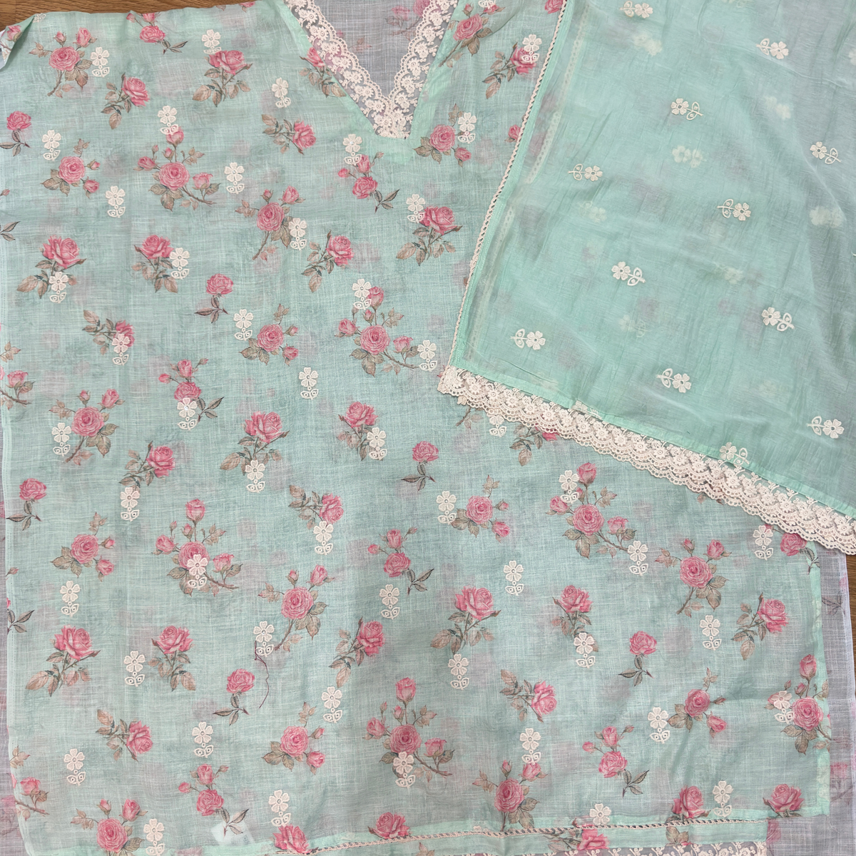 Light Green Linen Jute Cotton Suit Set with Embroidered Dupatta