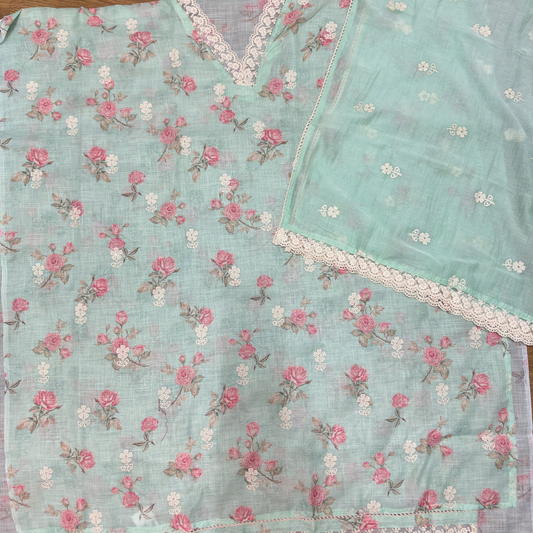 Light Green Linen Jute Cotton Suit Set with Embroidered Dupatta