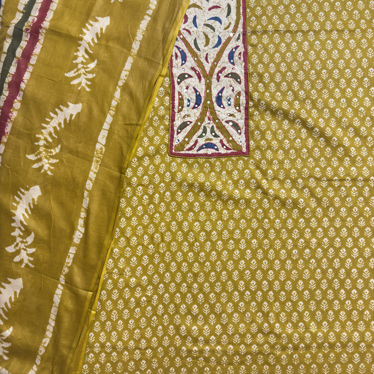 Olive Green Batik Print Suit with Yoke Patchwork
