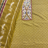 Olive Green Batik Print Suit with Yoke Patchwork